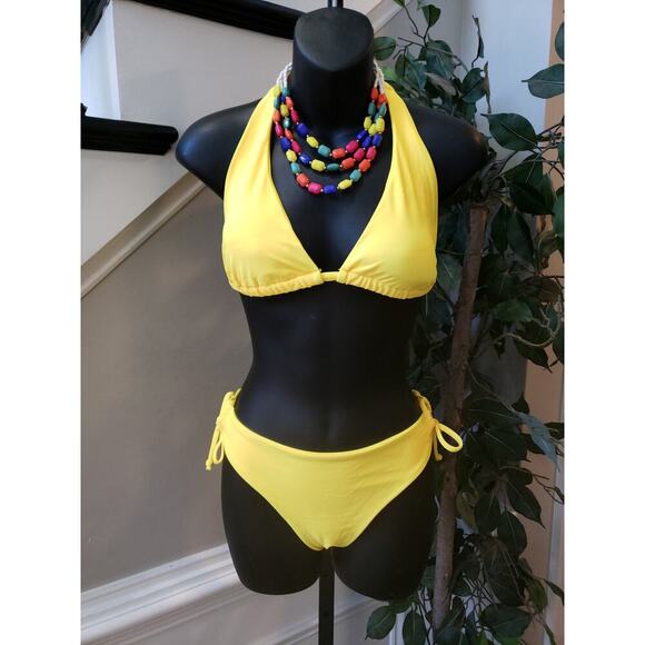 Women's 2 Piece Swimsuit Large Yellow Stretch Triangle Backless Halter Neck - Picture 2 of 8